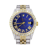 Iced Out Rolex Datejust 36 MM | Two Tone | 10 Carats of Diamonds | Blue Roman Diamond Dial
