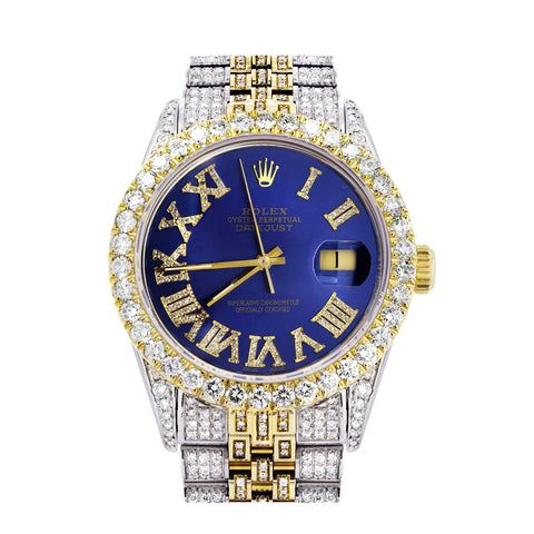 Iced Out Rolex Datejust 36 MM | Two Tone | 10 Carats of Diamonds | Blue Roman Diamond Dial