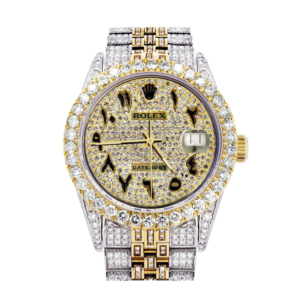 Iced Out Rolex Datejust 36 MM | Two Tone | 10 Carats of Diamonds | Full Diamond Arabic Diamond Dial