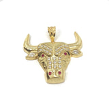 Massive Red Eyes And Nostril Bull Head 10K Yellow Gold Pendant - orquebec