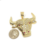 Massive Red Eyes And Nostril Bull Head 10K Yellow Gold Pendant - orquebec