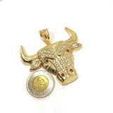 Massive Red Eyes And Nostril Bull Head 10K Yellow Gold Pendant - orquebec