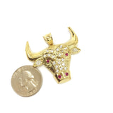 Red Eyes And Nostril Bull Head 10K Yellow Gold Pendant - orquebec